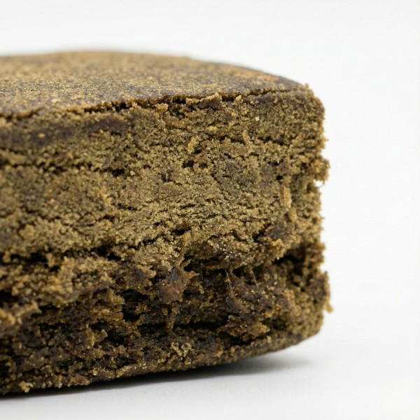 Gros plan sur la texture sableuse et d'un brun profond du Surver Hash CBD bio. Qualité premium